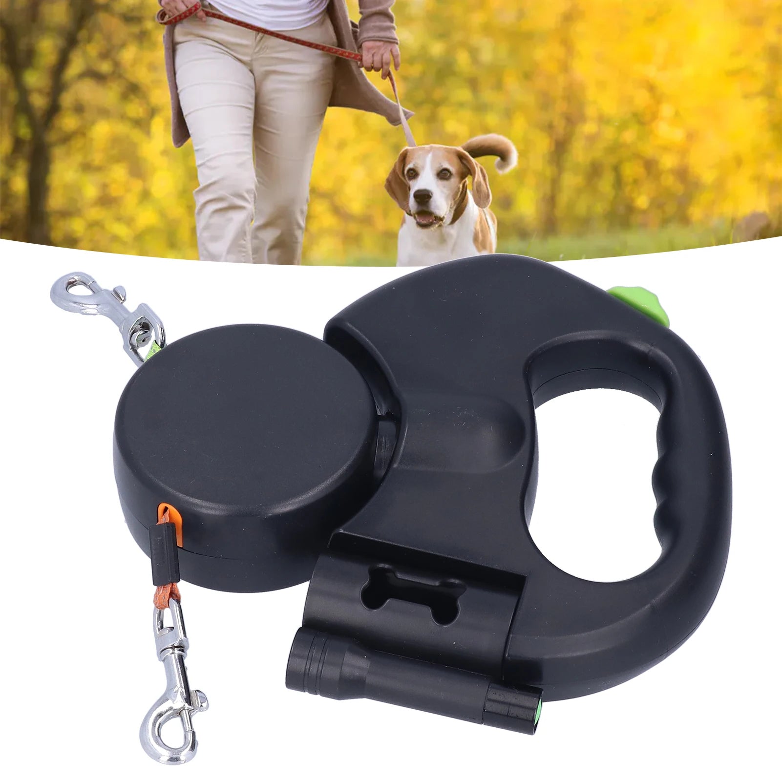 Pet Leash 1 Tow 2 Retractable Double Dog Leash with Flashlight and Bag Dispenser