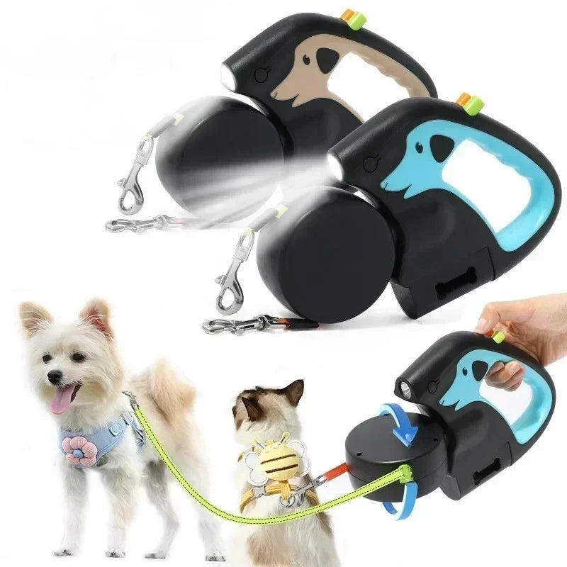 Pet Leash 1 Tow 2 Retractable Double Dog Leash with Flashlight and Bag Dispenser