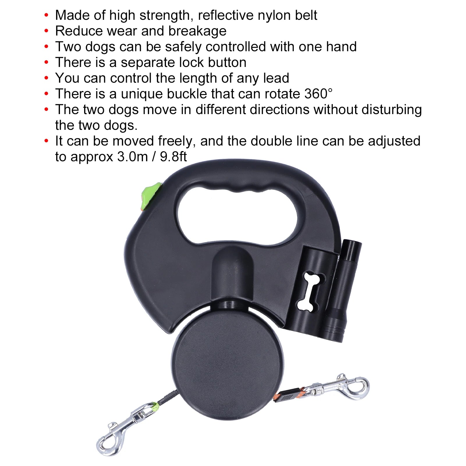 Pet Leash 1 Tow 2 Retractable Double Dog Leash with Flashlight and Bag Dispenser