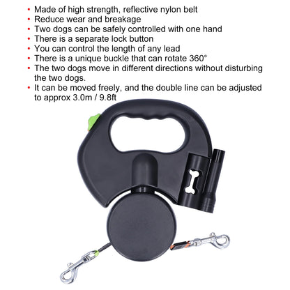Pet Leash 1 Tow 2 Retractable Double Dog Leash with Flashlight and Bag Dispenser