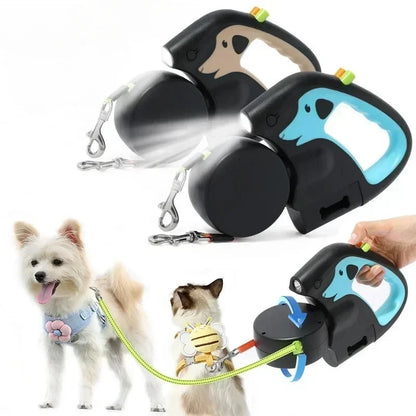 Pet Leash 1 Tow 2 Retractable Double Dog Leash with Flashlight and Bag Dispenser